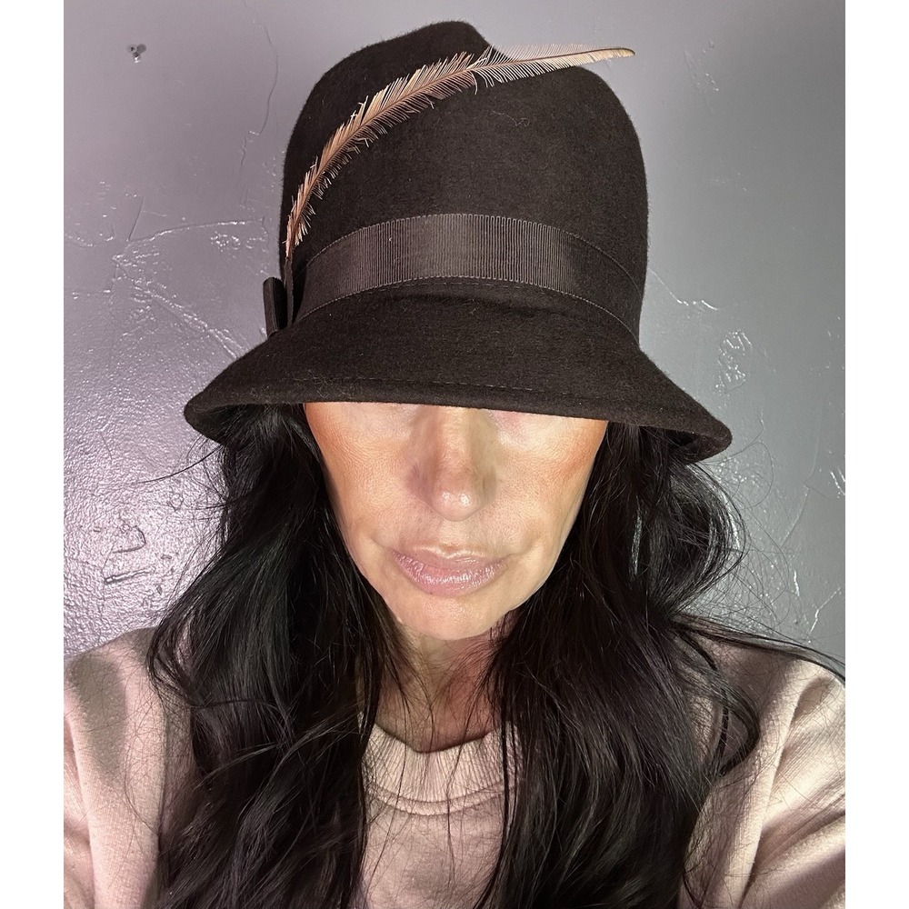 Women's Chocolate Brown wool cloche hat Accent Feather 1920's Style Union Made